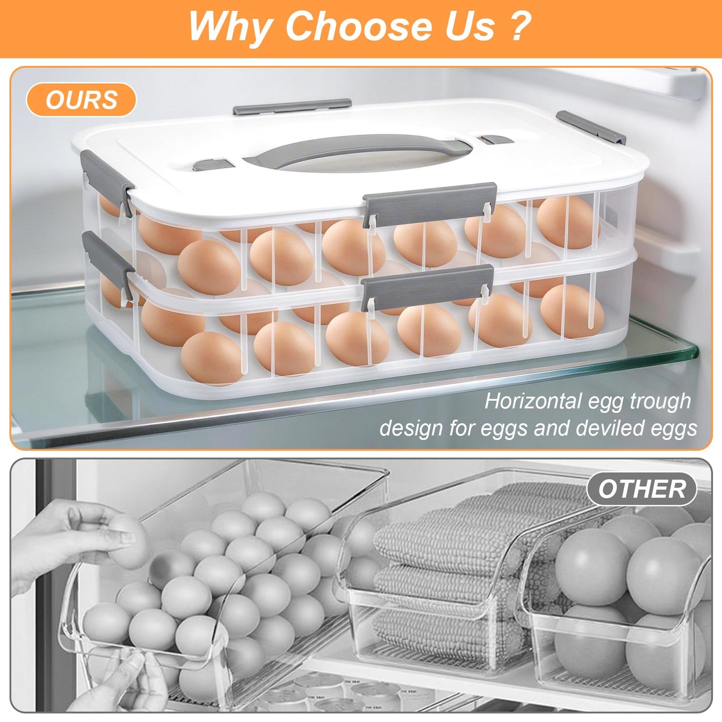 YESSWLQ 2-Layer Deviled Egg Containers with Lid, 36 Slots Refrigerator fridge organizers and storage egg cartons with Handle for Easter, with Slicer Kitchen Tongs Piping Decorating Kit