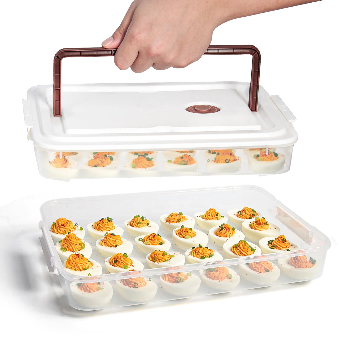 77L Deviled Egg Containers with Lid (Set of 2), Plastic Deviled Egg Tray Carrier with Handle for 48 Eggs, Clear Storage Egg Platter for Deviled Eggs, Easter Party Fridge Stackable Portable Egg Holder