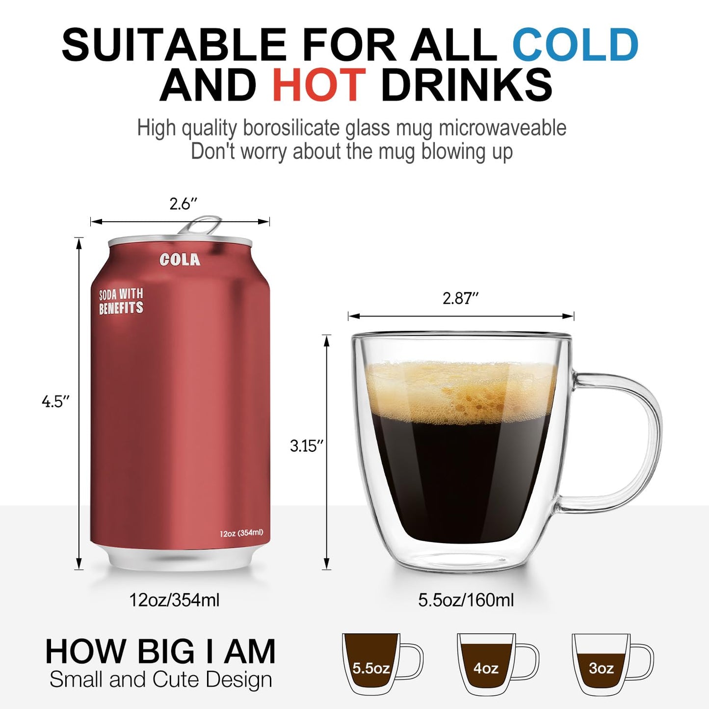 Potdoctor Double Walled Espresso Cups Set of 4, Hand Blown 5.5OZ Espresso Shots Glass, Coffee Mugs with Handle Perfect for Latte, Cappuccino, Tea