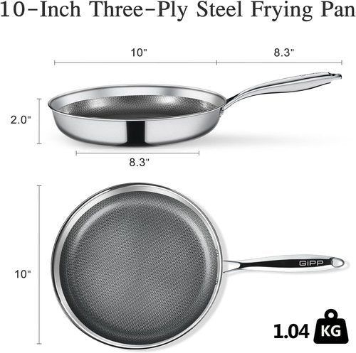 GiPP Tri-Ply Stainless Steel Frying Pan - 10-Inch Nonstick Skillet | Dishwasher & Oven-Safe, Induction Ready