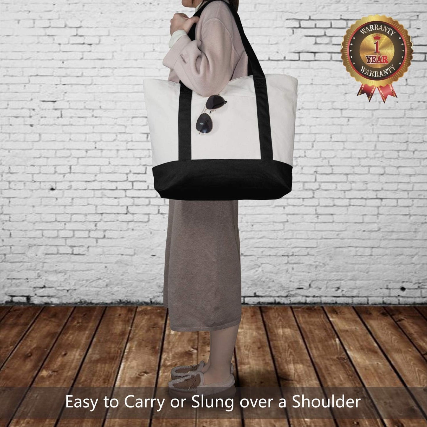 TOPDesign Canvas Tote Bag - Reusable Grocery Shopping Bag with External Pocket, Zipper Closure | Black/Natural, Pack of 1