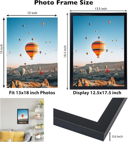 JCJMY 13x18 Picture Frame - Black Wall Gallery Frame for Horizontal & Vertical Photos