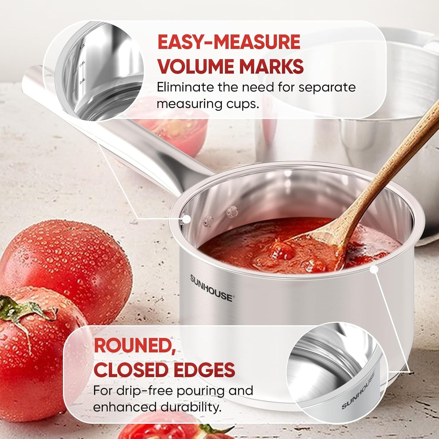 SUNHOUSE – 1.5 Quart Stainless Steel Sauce Pan with Lid | PFOA-Free, Induction Base, Stay-Cool Handle