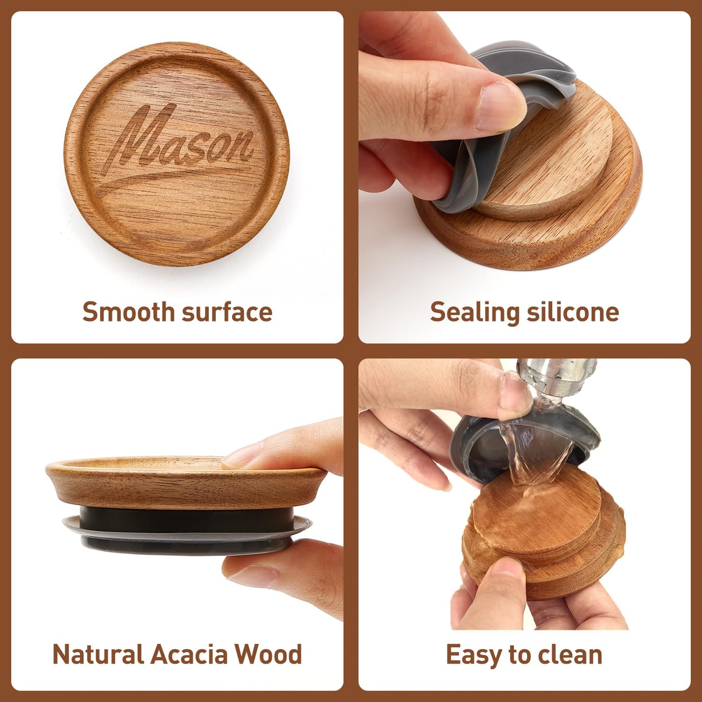 6 Pcs Acacia Wood Mason Jar Lids Regular Mouth Canning Jars Supplies Decorative Small Mouth Mason Jar with Wooden Lid Silicone Reusable Can Lids for Jars Tops Glass Cover Canning Accessories