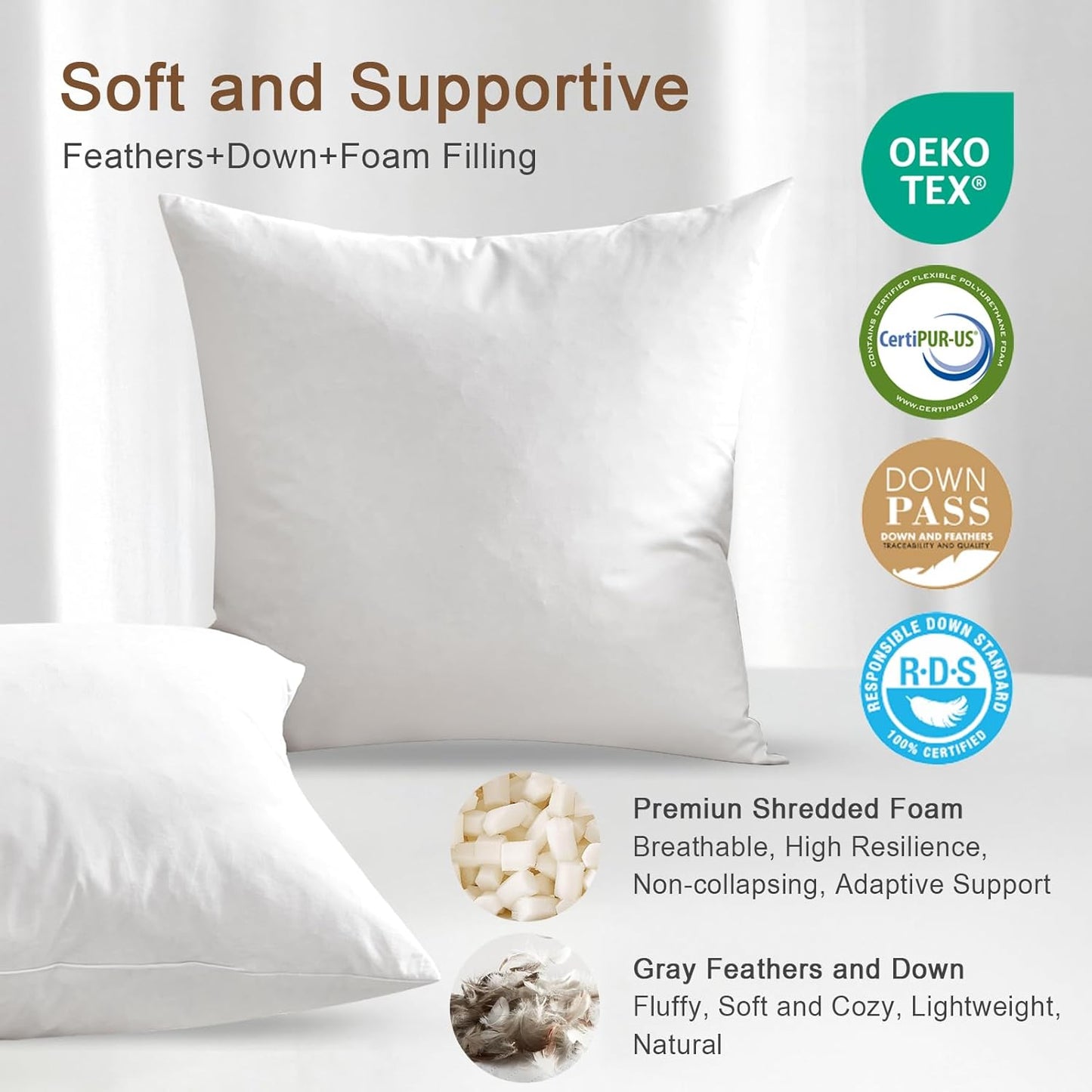Skiennix Organic Feather Down Lumbar Pillow Insert - 14x36 Inch, 100% Cotton Shell, Memory Foam Filling for Couch & Sofa