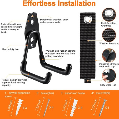 HUPBIPY Heavy Duty Garage Hooks - 7.7-Inch U-Shaped Hangers with Cord Organizers | Wall-Mounted Tool Storage