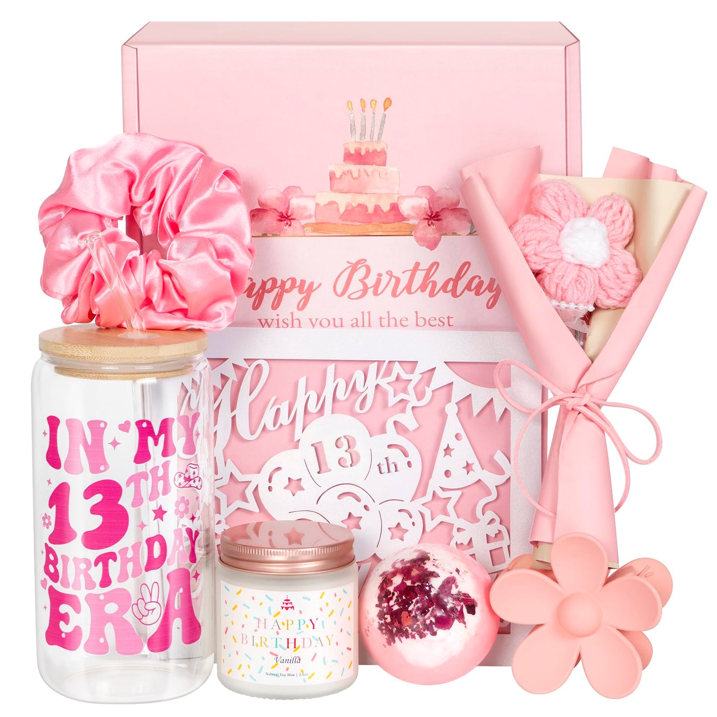XGFYYMM 13th Birthday Gifts for Girls, 13 Year Old Gift Ideas for Official Teenager Girl, 7Pcs Happy 13th Birthday Basket Decorations Teen Trendy Stuff, Pink Presents Box for Her, Daughter, Niece