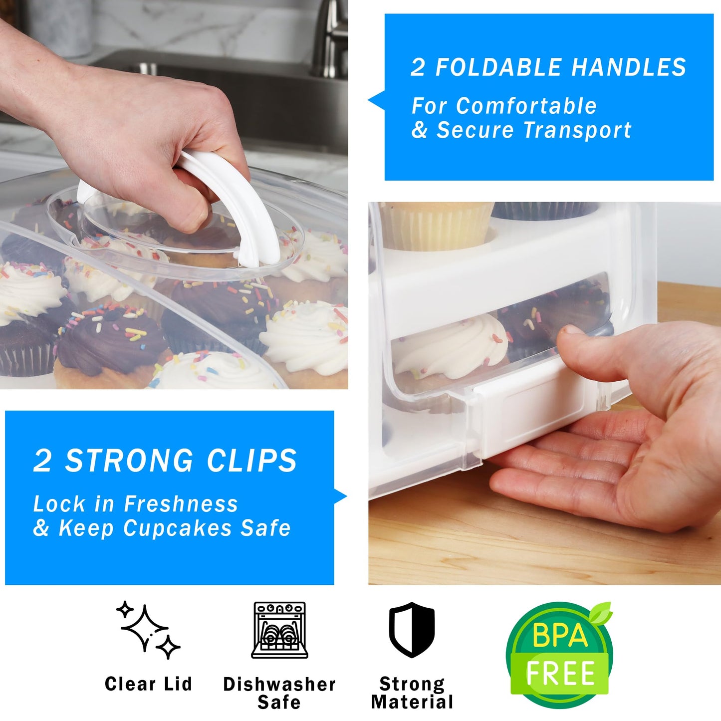 Extra Tall Cupcake Carrier 24 Count, 24 Cupcake Holder with Lid -Spacious 3.5” Tall Tiers Accommodate 24 Tall Frosted Cupcakes, Won't Smush! Cupcakes Containers Muffin Storage Container/Muffin Holder