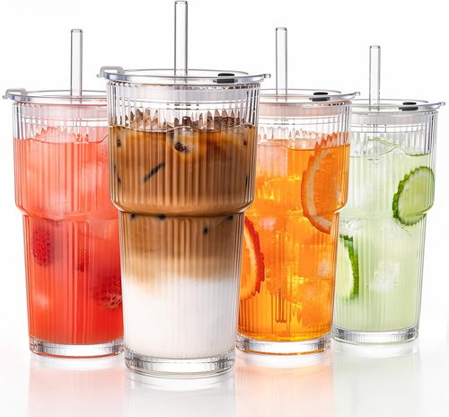GOSCHE 20oz Glass Tumblers - Ribbed Iced Coffee Cups with Straws & Lids | Leak-Proof, Dishwasher Safe, Clear - 4 Pack