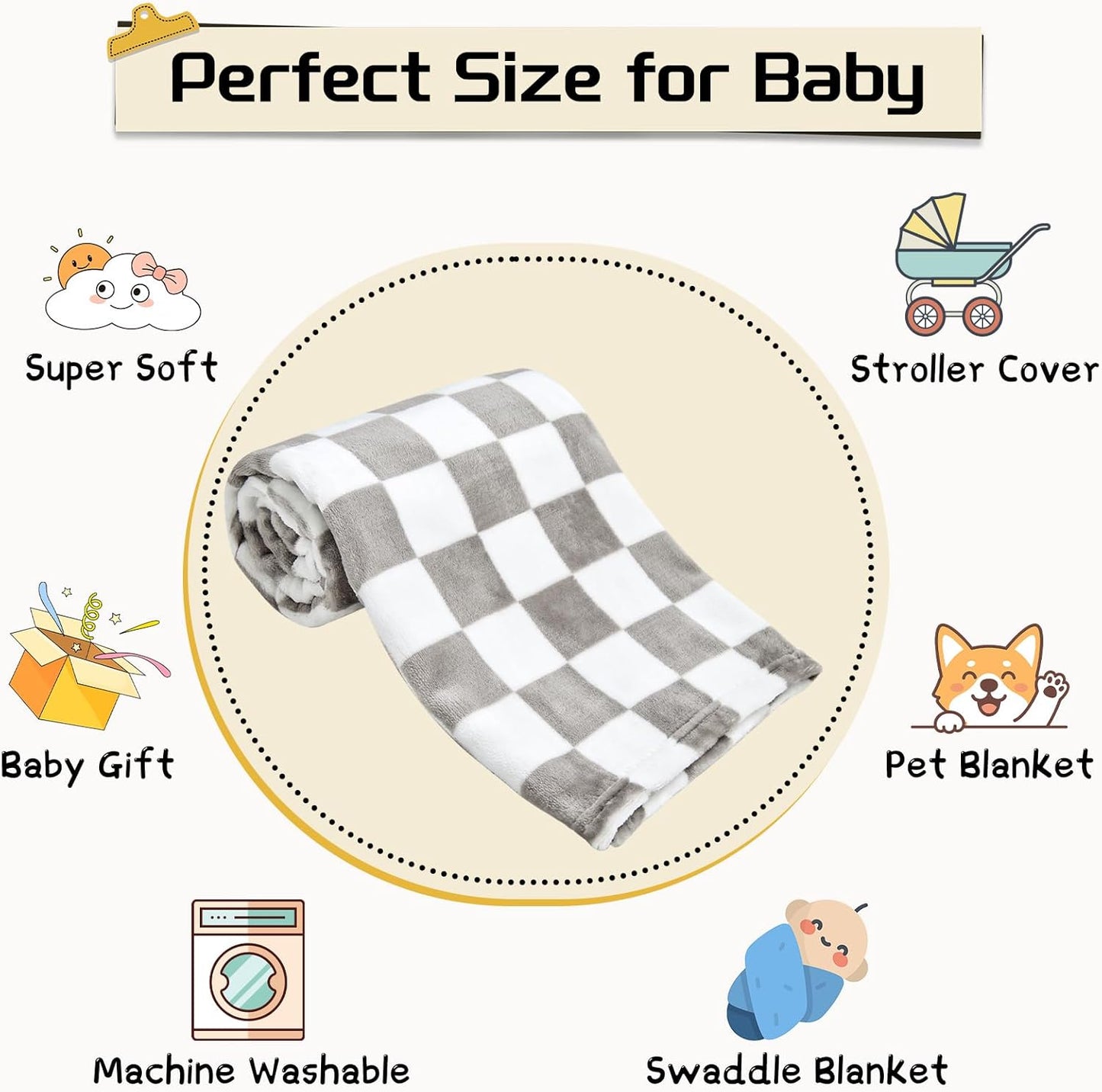 Yurhap Checkered Baby Blanket - Super Soft Fleece for Infants | Neutral Color, 30x40 Inch
