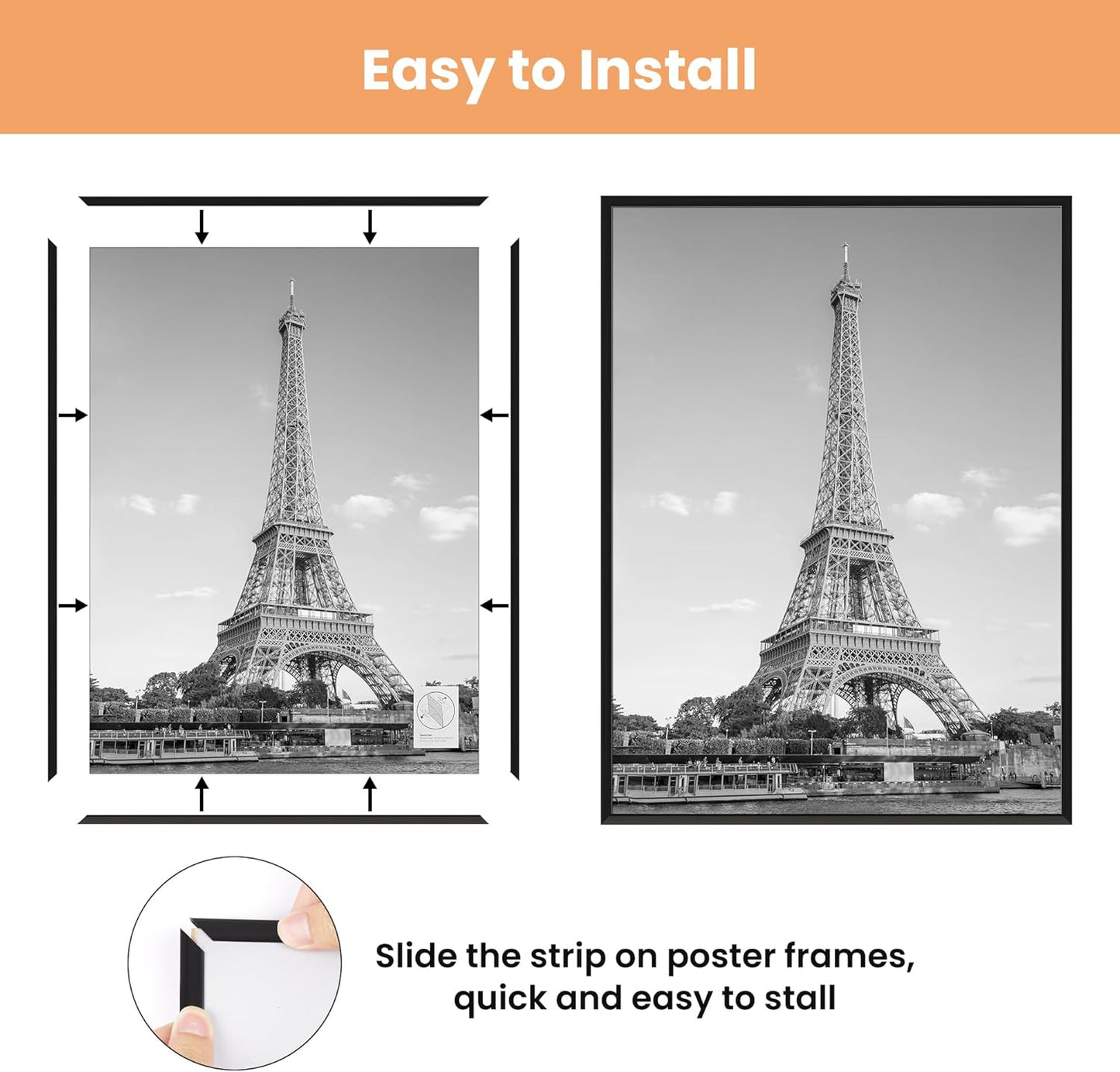 Upsimples 27x40 Inch Black Poster Frames - Scratch-Proof Picture Frames for Photo Gallery | 3 Pack, Slide-In Strips