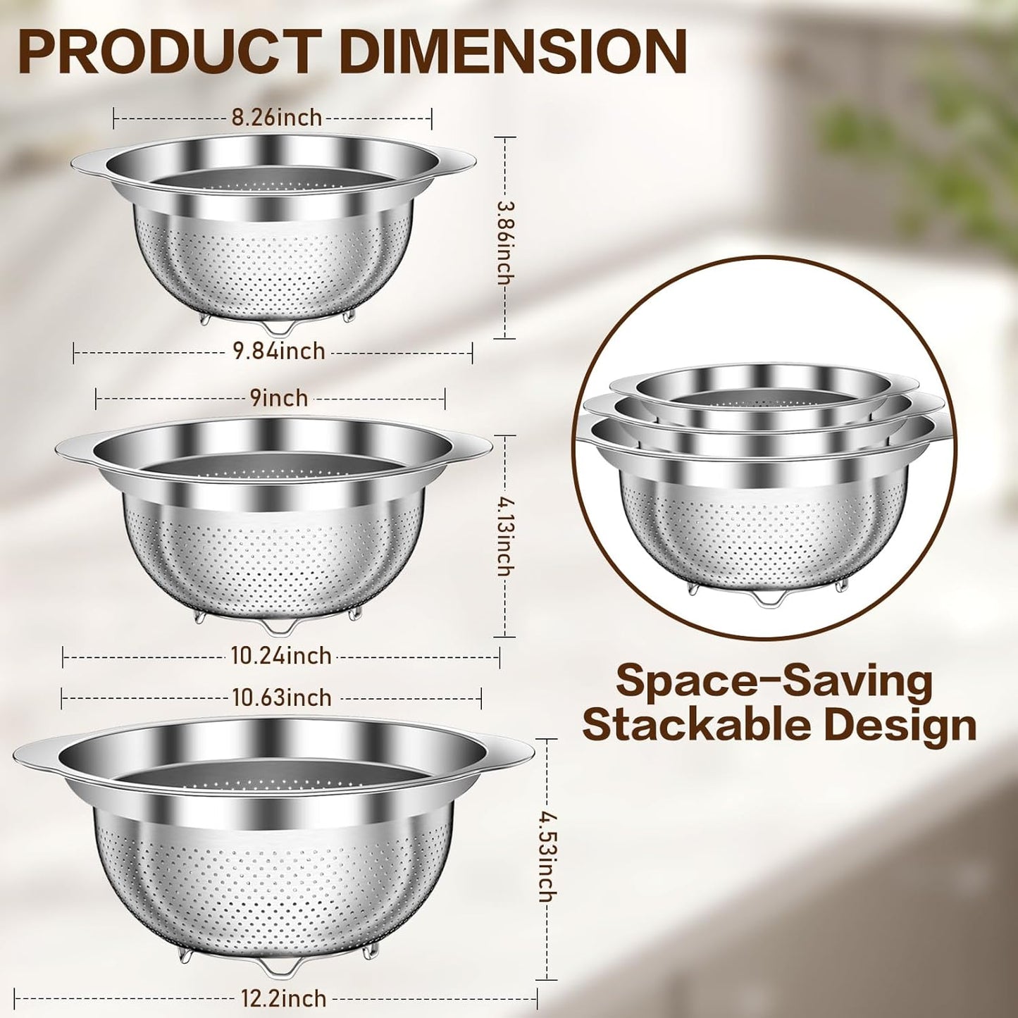 Skiennix Stainless Steel Colander Set - 3-Piece Strainer for Pasta & Fruits | Dishwasher Safe (2QT, 3QT, 5QT)