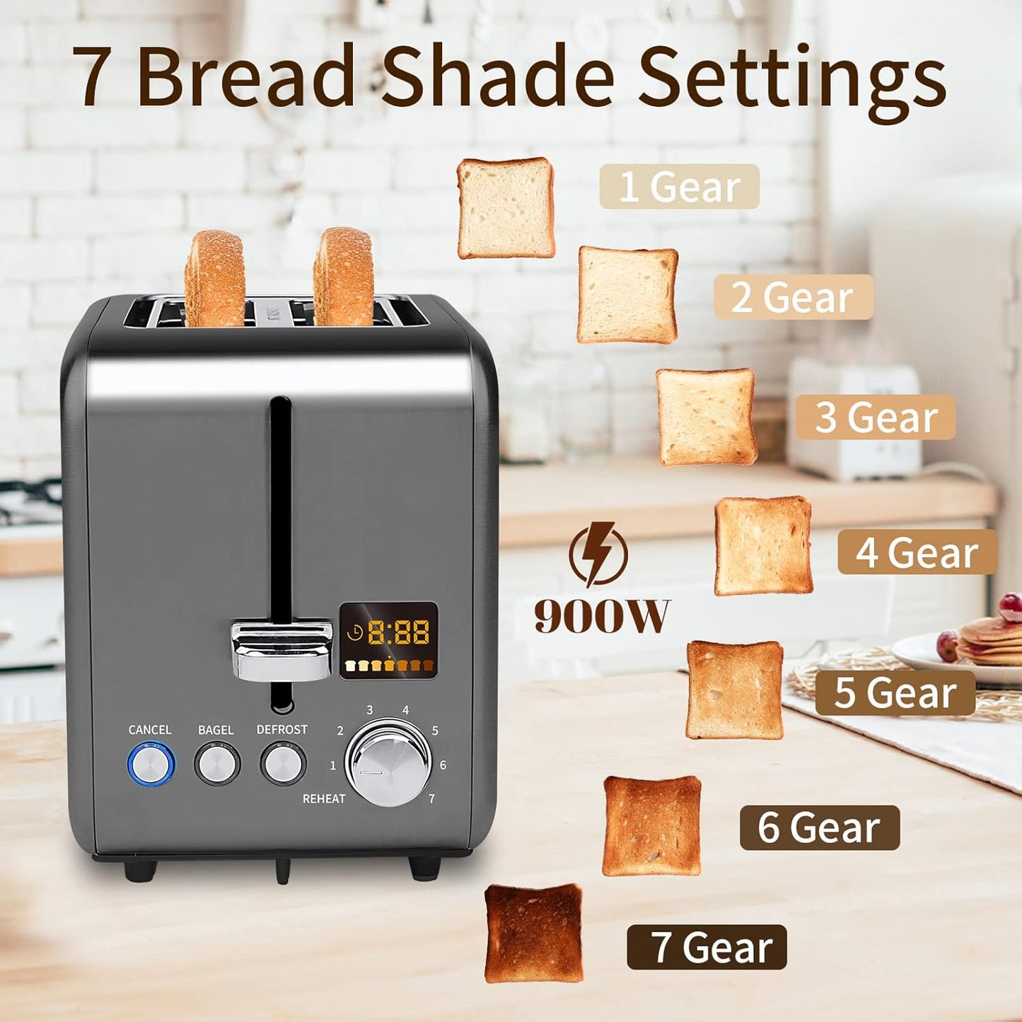 SEEDEEM 2-Slice Stainless Steel Toaster - LCD Display, 7 Shade Settings, 1.4'' Wide Slots, Bagel & Defrost Functions
