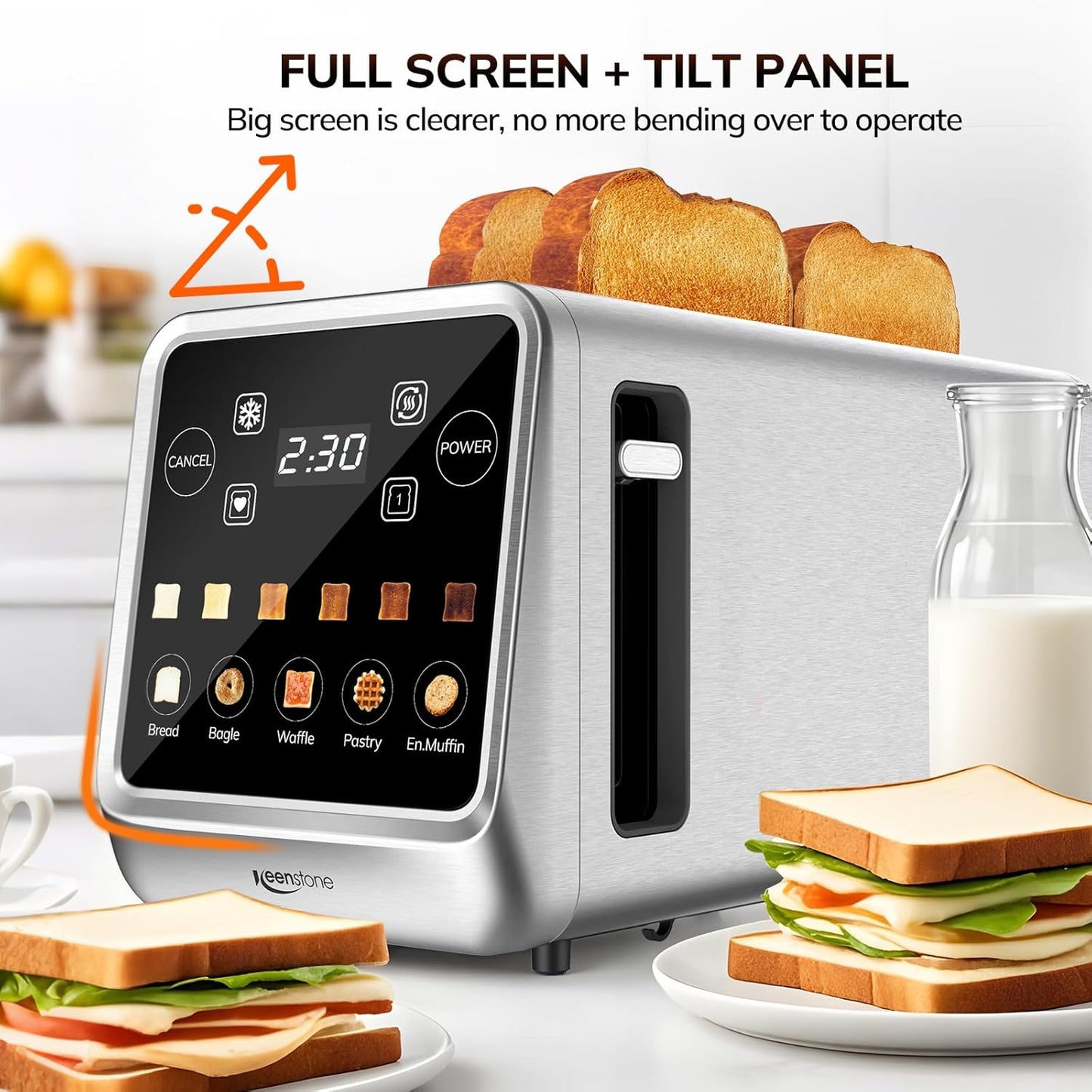 Keenstone 4-Slice Digital Smart Toaster - Touchscreen, Memory Function, Reheat & Defrost | Stainless Steel