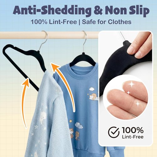 HOUSE DAY 14-Inch Kids Velvet Hangers - 50 Pack Non-Slip Durable Felt Hangers for Youth & Teens | Black