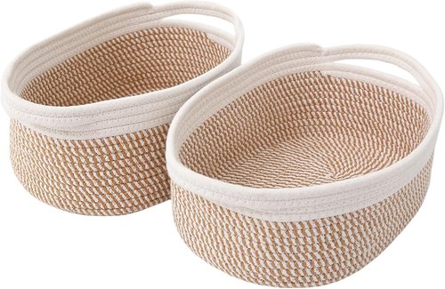 JMvicyroam Woven Storage Baskets - Small Rope Bins with Handles for Organizing Shelves | 2-Pack, White & Brown
