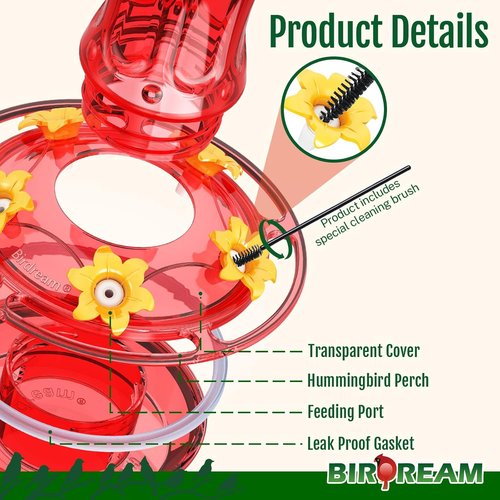 Birdream Hummingbird Feeder - 18oz Glass Design with 5 Feeding Ports & Ant Moat | Red Garden Decor