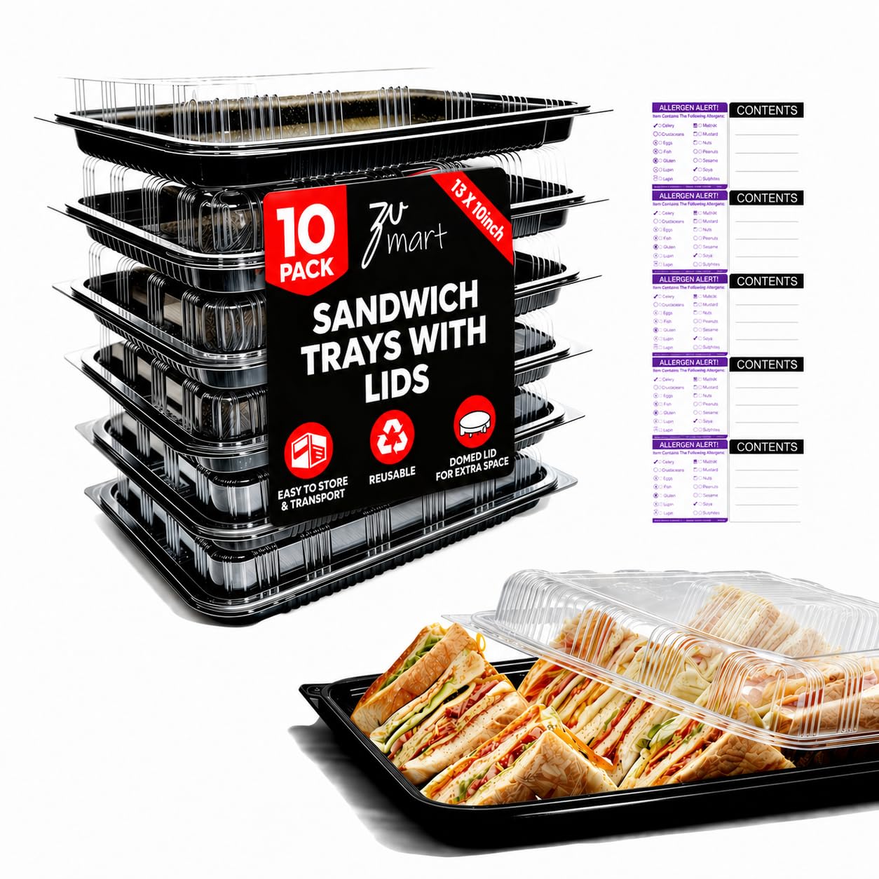 Zumart 10 Pack Catering Trays with Lid – 13" Serving Trays with Lids - Reusable Serving Platter With Lid for Catering, Buffet, Picnics & Events – Party Trays With Lids (13.39 × 9.84 × 2.95 inch)