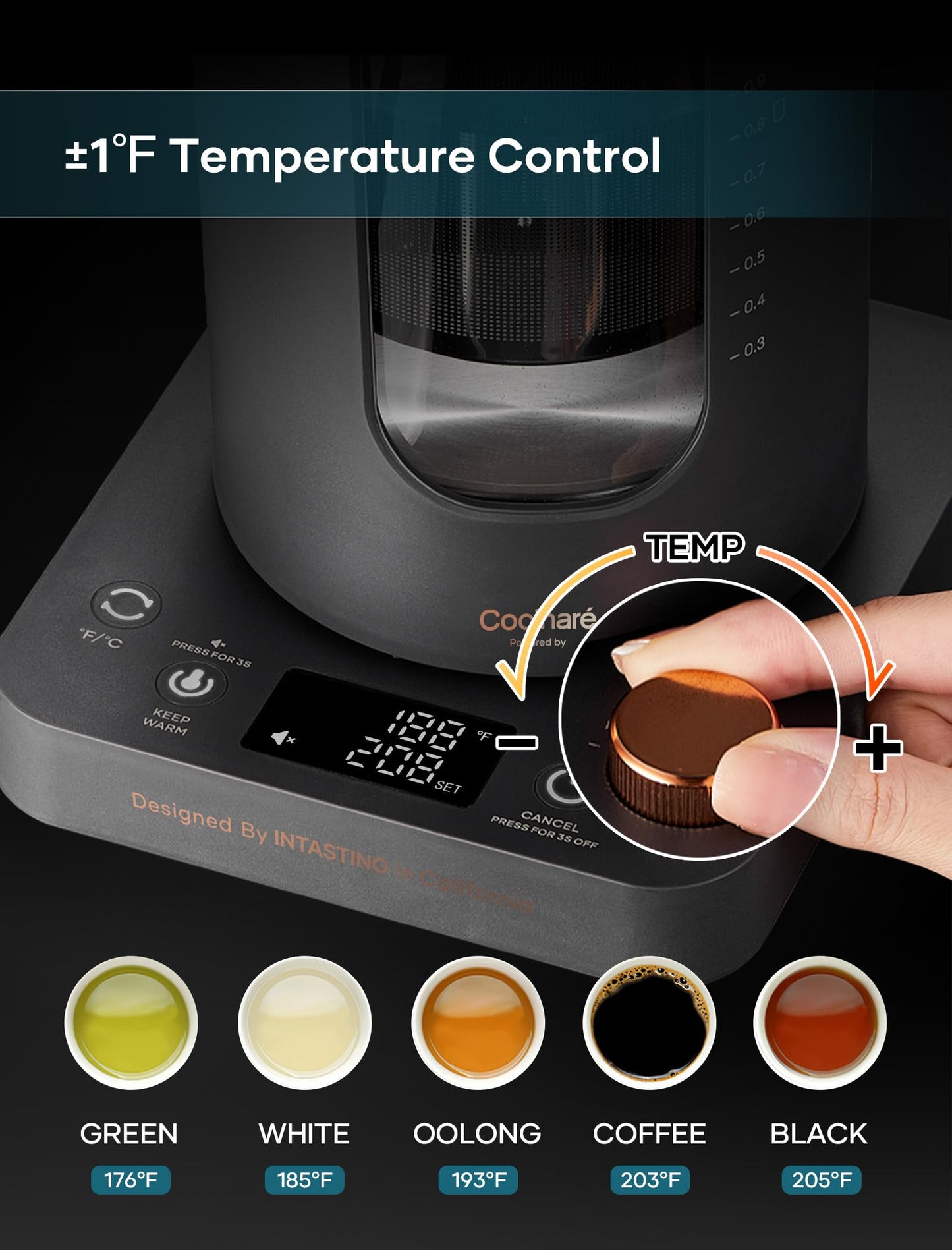 INTASTING Electric Tea Kettle, Electric Kettle with Tea Infuser, ±1℉ Knob Temperature Control, BPA-Free Glass, 1200W Fast Heating, Easy to Clean, 1 Liter (Dark Gray)