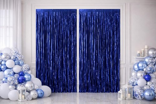 Dark Blue Metallic Foil Fringe Curtain Backdrop by [Brand Name] - 3.2ft x 6.4ft Party Decoration for Birthdays, Weddings & More