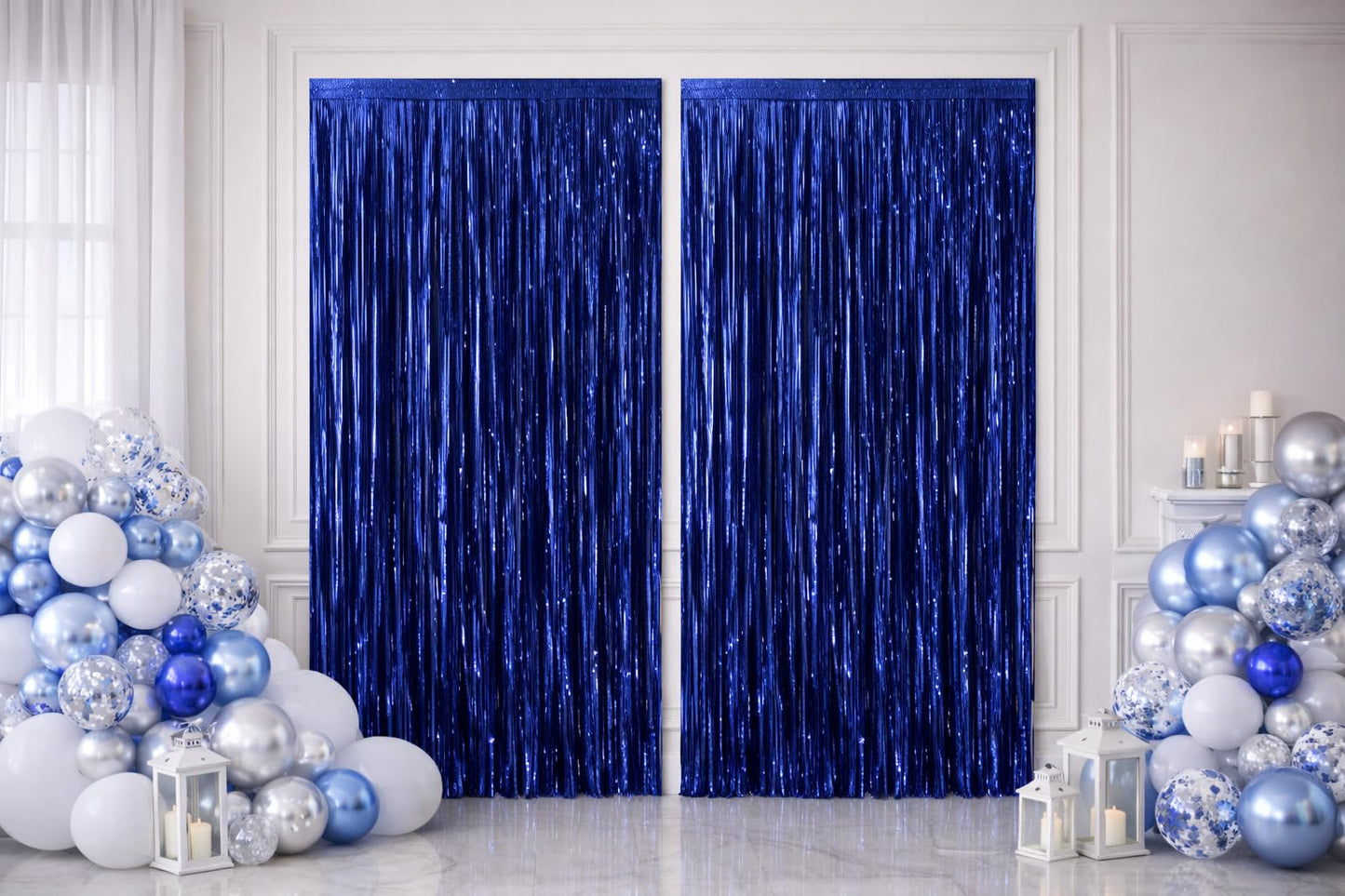 2 Pack Dark Blue Metallic Foil Fringe Curtain Backdrop Streamers 3.2ft x 6.4ft. Party Decoration for Birthday, Wedding, New Years Eve, Graduation, Baby Shower