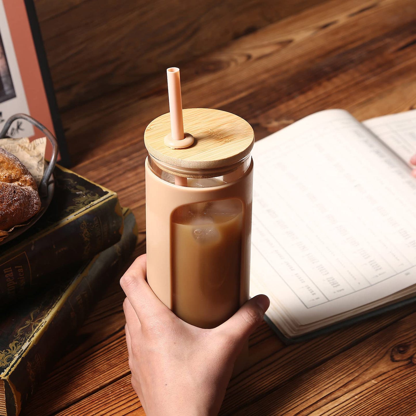 Kodrine 20oz Glass Water Tumbler with Straw and Lid, Bamboo Lids Water Bottle, Iced Coffee Cup Reusable, Wide Mouth Smoothie Cups with Protective Silicone Sleeve BPA FREE-Purple