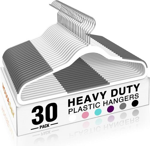 HOUSE DAY Heavy Duty Plastic Hangers - Non-Slip 30 Pack with Rubber Pads & 360° Hook | Space-Saving White Closet Organizer for Shirts, Pants, Suits, Skirts