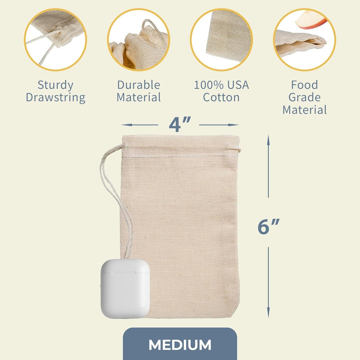 Celestial Gifts Muslin Bags 100pcs 5x7, 100% Cotton Drawstring Bags for Party Favors, Parts, Cowboy Coffe and More - Made in USA (Natural Hem & Drawstring)