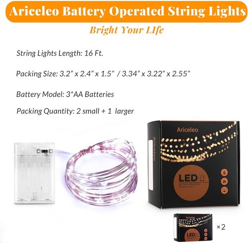 Ariceleo LED Fairy Lights - Battery Operated Copper Wire String Lights | 5m/16ft Cool White for Bedroom, Weddings & Parties
