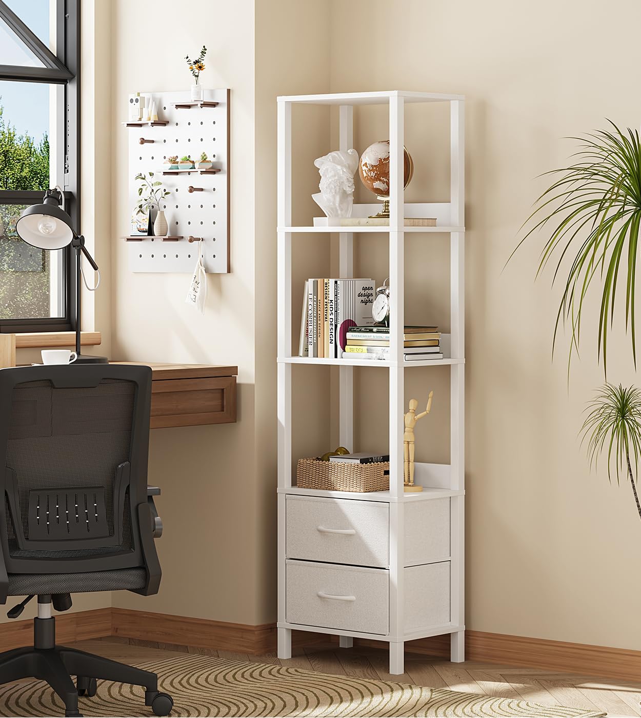 VIMBER Tall Bookshelf with Drawers, 6-Tier Bookcase for Books, Garage Kit, CDs, Movies, Modern Standing Bookshelves Storage Organizer for Bedroom Office Living Room White USSJ002W