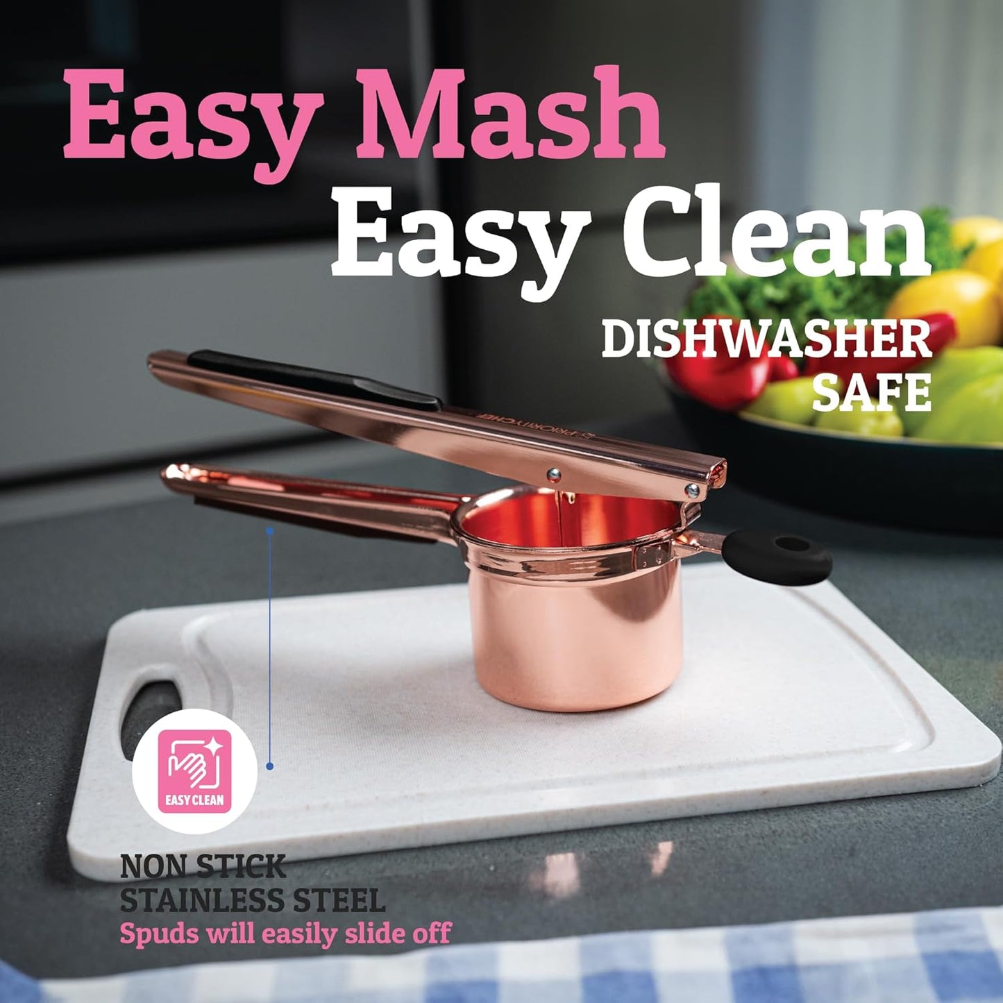 PriorityChef 15oz Potato Ricer - Heavy Duty Stainless Steel Masher for Perfect Mashed Potatoes | Rose Gold & Black