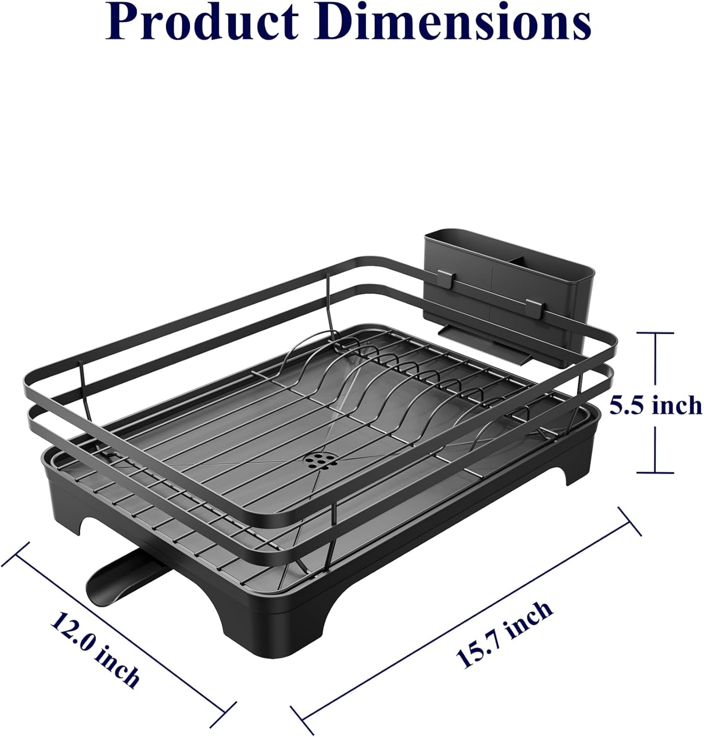 Kitsure Dish Drying Rack - Multi-Functional Kitchen Counter Rack with Cutlery Holder | Rust-Proof, 15.7" x 12" x 5.5", Black