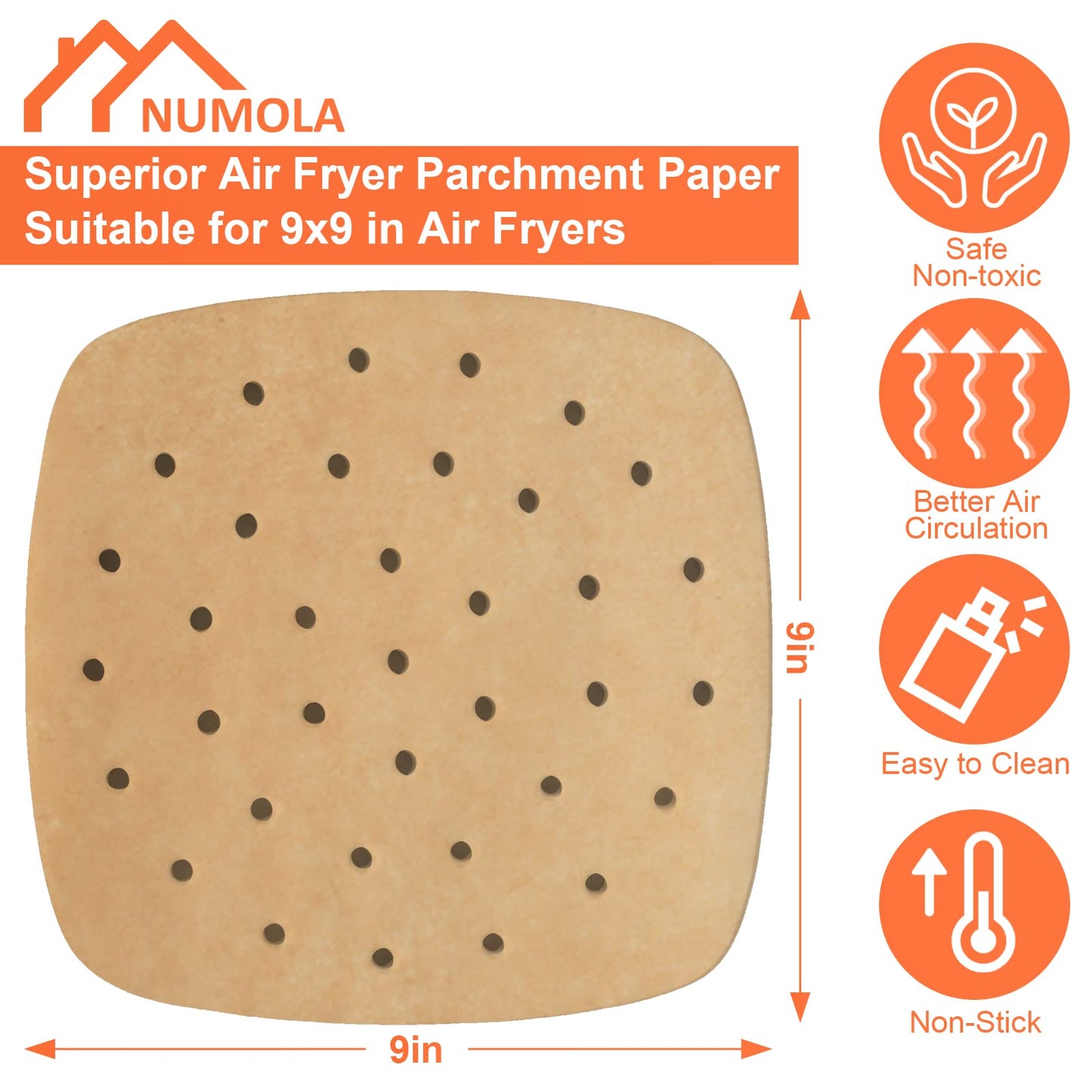 Numola 100 Pcs Air Fryer Liners Disposable Parchment Paper, 9 Inch Perforated Airfryer Sheets for Baking, Square Unbleached Non-Stick Steamer Liner for Oven, Microwave, Steaming Basket