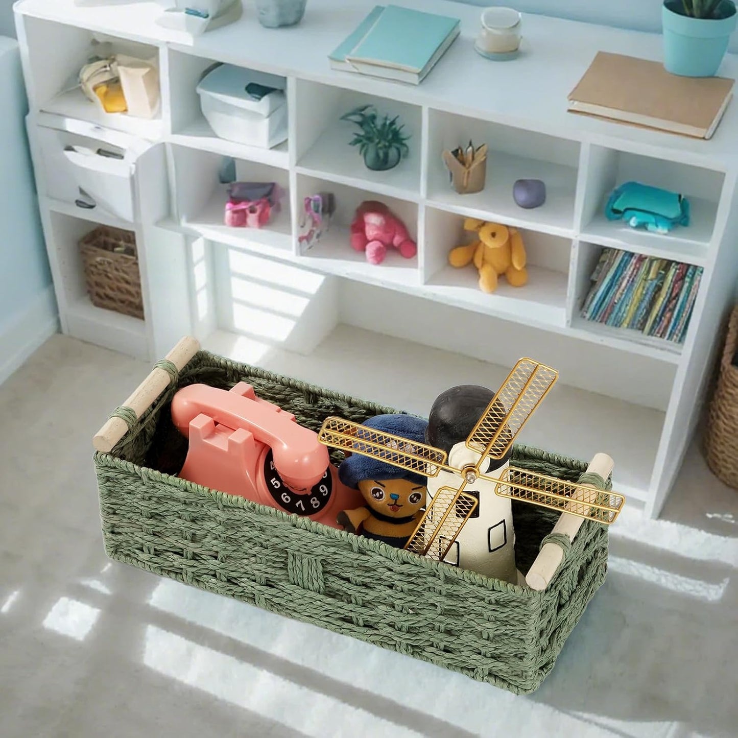 Regine Switzerland Toilet Paper Storage Basket - Decorative Wicker Design with Wooden Handles | Green Paper Rope for Bathroom Decor