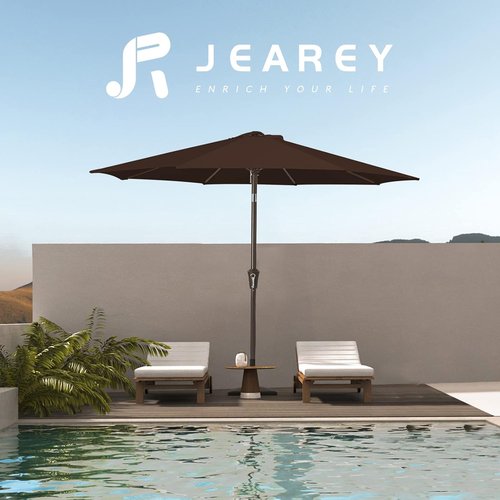 JEAREY 9FT Outdoor Patio Umbrella - Market Umbrella with Push Button Tilt & Crank | UV Protection, Waterproof, Brown