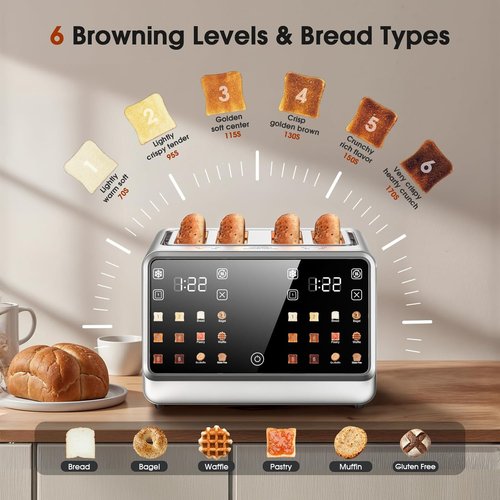 4 Slice Toaster - Dual Digital Touchscreen with Independent Control | 1800W Stainless Steel, Timer & 6 Toast Settings