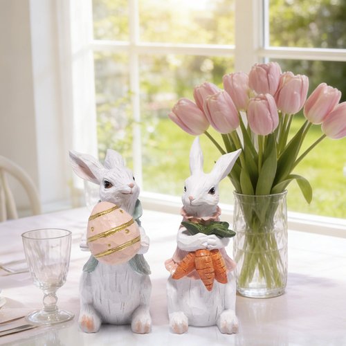 Hodao Easter Bunny Decorations Spring Home Decor Bunny Figurines Gifts(Easter White Rabbit 2pcs)