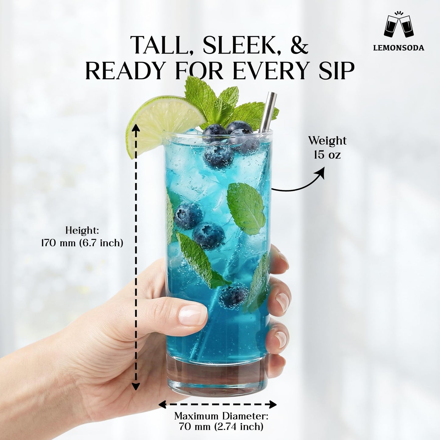 LEMONSODA Premium Highball 12oz/15oz Glass Sets - Elegant Tom Collins Glasses - Tall Water Drinking Glasses - Bar Glassware for Mojito, Whiskey, Cocktail (15oz, Set of 6)
