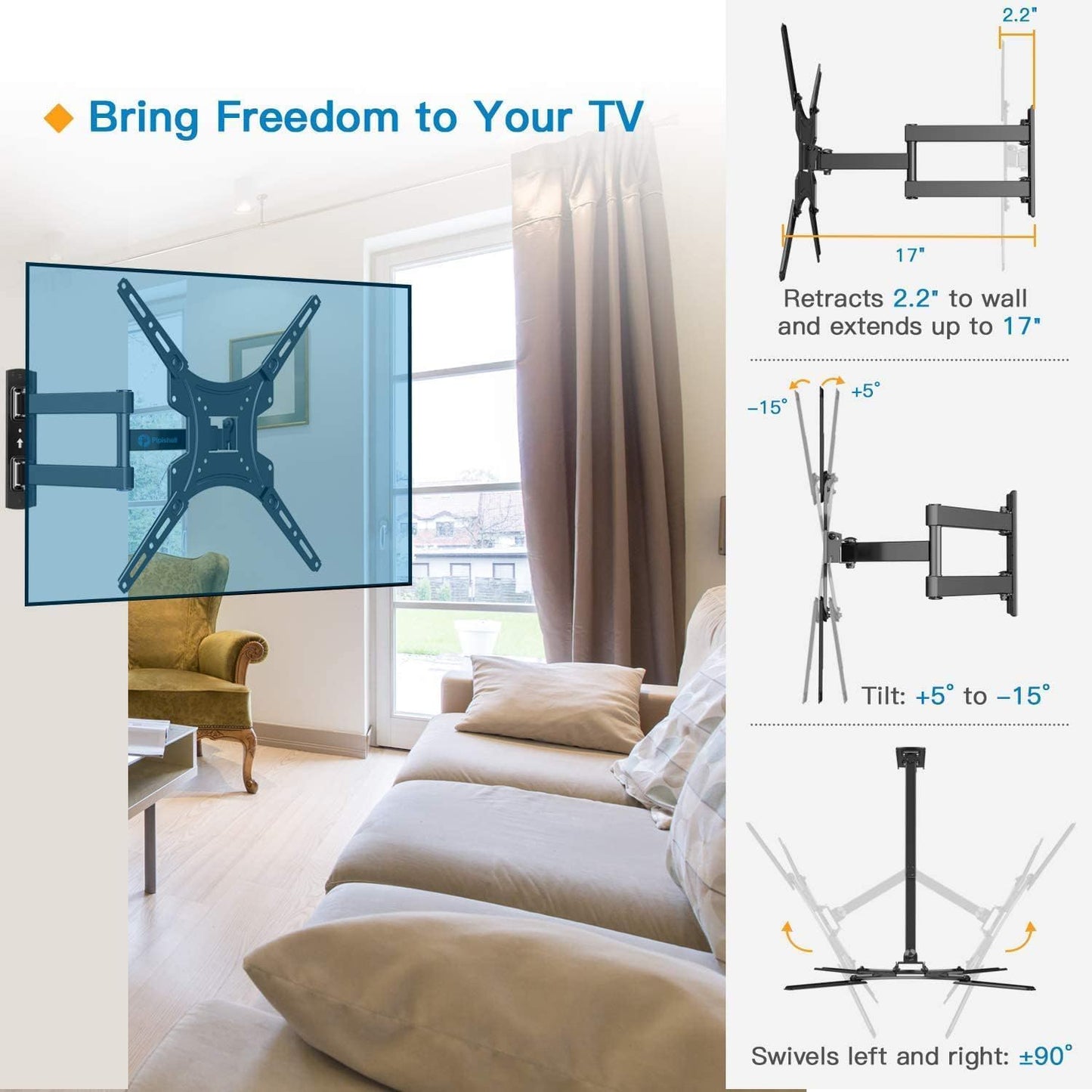 Pipishell Full Motion TV Wall Mount Bracket - Articulating Arms for 24-55 Inch TVs | Max VESA 400x400mm, 66lbs Capacity