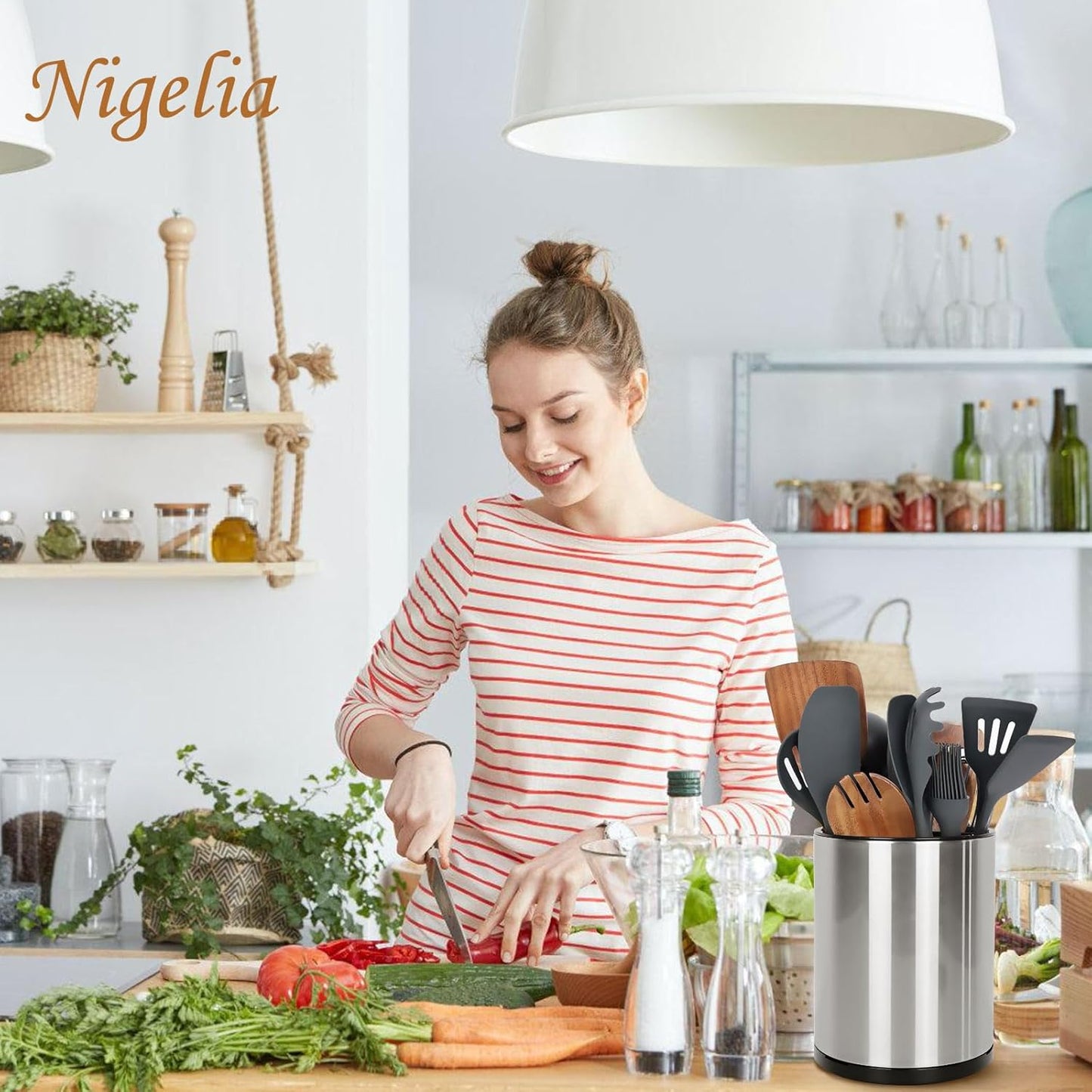 Nigelia Extra Large Kitchen Utensil Holder - 360° Rotating Stainless Steel Caddy | 3 Compartment Organizer (Silvery)