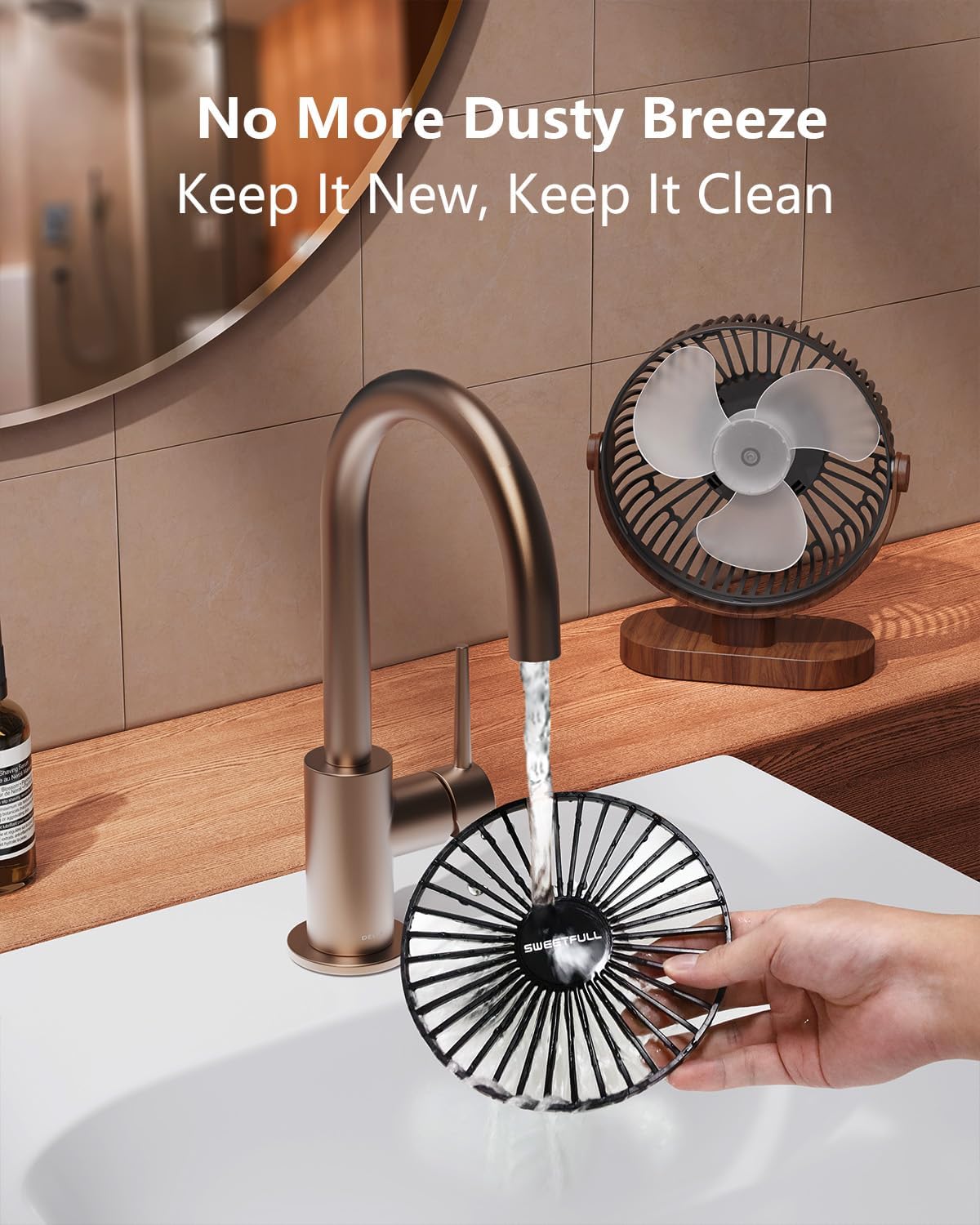 Sweetfull USB Small Desk Fan - 3-Speed Quiet Portable Mini Fan | 360° Adjustable for Home, Office & Travel - Black Wood Grain