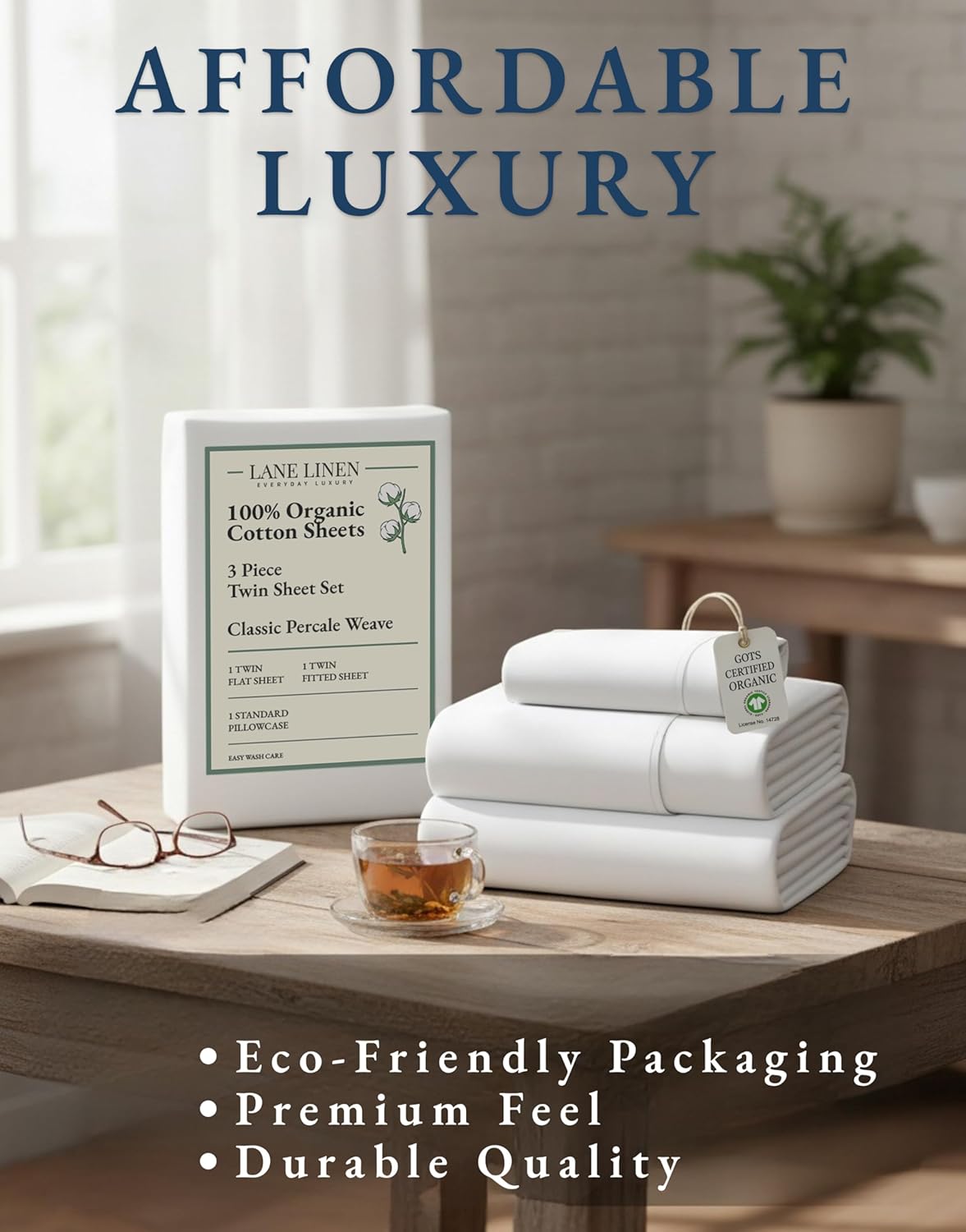 LANE LINEN 100% Organic Cotton Twin Sheets Set - Soft, Breathable Percale Bedding for Dorm Room Essentials
