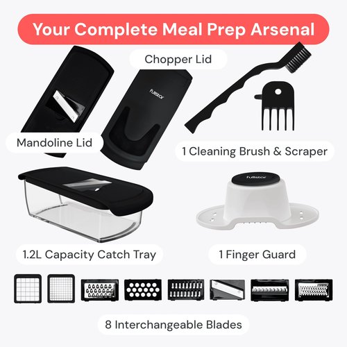 Fullstar All in One Vegetable Chopper and Mandoline Slicer - Food Chopper with Container and Julienne Slicer, Fruit Slicer, Veggie Cutter, Kitchen Gadgets & Gift for Mom (8 in 1, Black)