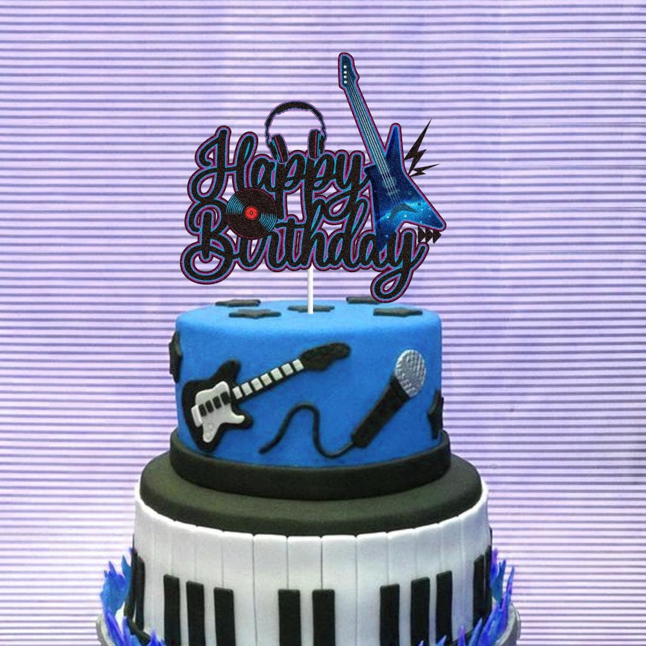 Skiennix Electric Guitar Cake Topper - Black & Purple Glitter Rock Music Theme Decor for Kids
