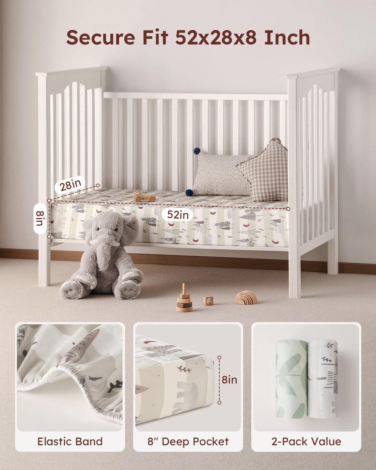 Yoofoss Baby Crib Sheets - Ultra Soft 2-Pack Fitted Sheets for Standard Cribs | Neutral Forest Bear Design 52x28