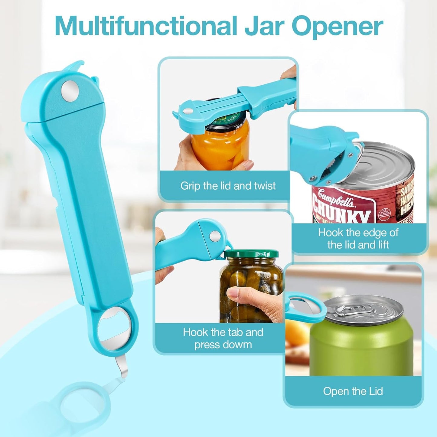 Skiennix 7-in-1 Jar Opener - Magnetic Adjustable Kitchen Tool for Seniors & Arthritis Relief (Teal)
