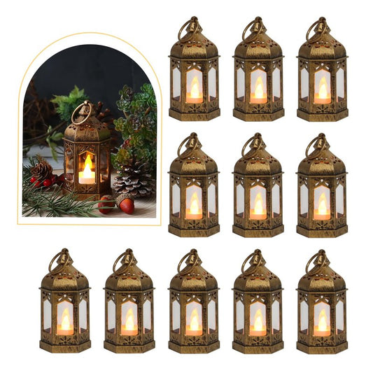 LLQ 12Pcs Mini Lantern with LED Tea Light, Garden Fairy Party Decorations, Battery Included, Vintage Lanterns Decorative, Hanging Candle Lanterns for Halloween Christmas Wedding Table Centerpiece