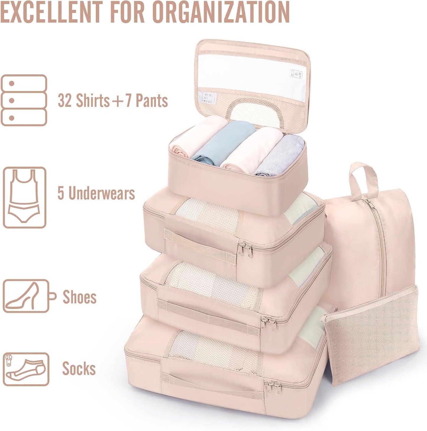Veken Packing Cubes Set - Travel Organizer Bags for Beach Vacations | Includes Hanging Toiletry Bag