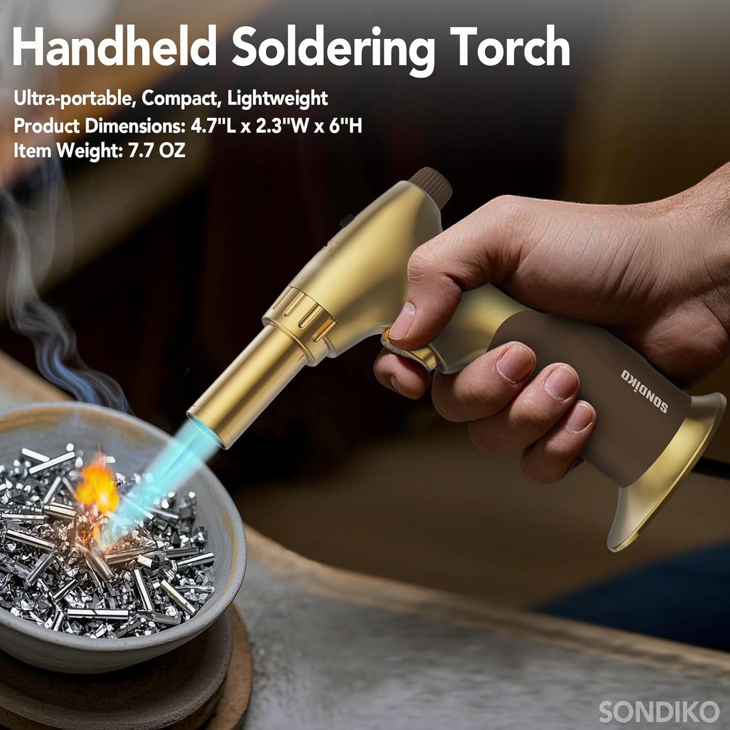 Sondiko Dual Style Butane Torch Lighter - Adjustable Flame Size | Refillable Cooking Torch in Gold