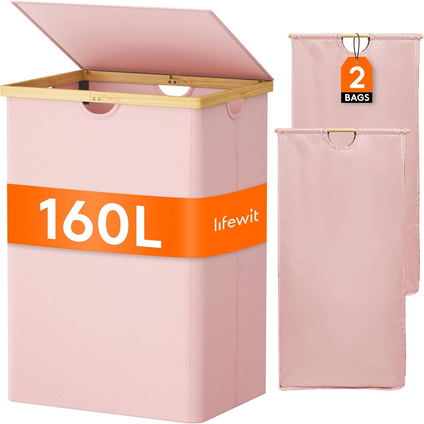 Lifewit 160L Double Laundry Hamper - Extra Large Bamboo Basket with Lid & Removable Liners | Pink